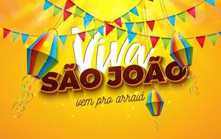 festa Junina illustratie met partij vlaggen en papier lantaarn Aan geel achtergrond. vector Brazilië juni sao joao festival ontwerp met 3d belettering voor groet kaart, banier, uitnodiging of vakantie poster