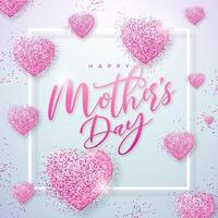 gelukkig moeder dag banier met harten en typografie brief Aan roze achtergrond. vector mam viering ontwerp met symbool van liefde voor ansichtkaart, groet kaart, folder, uitnodiging, brochure, poster