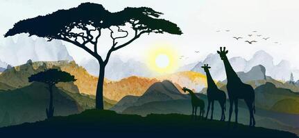 giraffe familie silhouetten, vector illustratie Afrika zonsondergang panorama landschap.