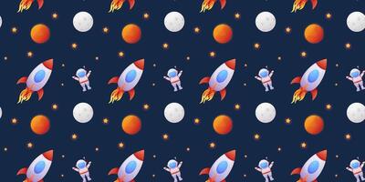 naadloos patroon van raket, astronaut, planeten, sterren Aan een blauw achtergrond. vector illustratie. decoratief textiel, omhulsel papier, behang, covers