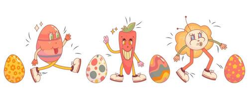 retro tekenfilm Pasen karakter eieren, bloem en wortel. Pasen karakter in modieus retro stijl. eieren met Golf en ster. tekenfilm vector illustratie