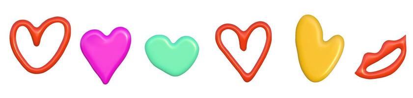 3d abstract y2k hart set. plastic kleurrijk speels tekening hart voor valentijnsdag dag. 3d vector veroorzaken.
