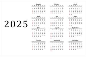 kalender 2025 in zwart en wit week beginnend Aan zondag klaar vector