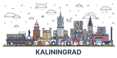 schets Kaliningrad Rusland stad horizon met gekleurde modern en historisch gebouwen geïsoleerd Aan wit. Kaliningrad stadsgezicht met oriëntatiepunten. vector