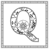 letter q gemaakt van bloemen in mehndi-stijl. kleurboek pagina. schets hand-draw vectorillustratie. vector