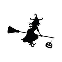 Halloween-heks die in bezem met pompoen hangend silhouet vliegt vector