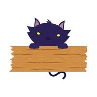 halloween kat zwart met houten plank vector