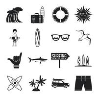 surfen iconen set, eenvoudige stijl vector