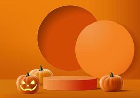 halloween minimale scène 3d met podiumplatform. Halloween achtergrond vector 3D-rendering met pompoen podium. staan om producten te tonen. podium showcase op sokkel oranje pompoen