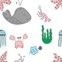 vector schattig naadloze patroon met zeedieren. Scandinavische motieven. kinderprint. handgetekende illustratie.