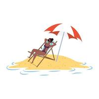 jonge afro vrouw ontspannen op het strand zittend in stoel en paraplu vector