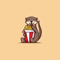 schattige otter eet popcorn vector