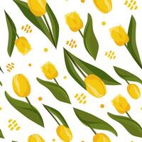 naadloos vector patroon met geel tulpen Aan wit achtergrond. vlak ontwerp met bloemen voor scrapbooken, kinderen kleren, jurk, kleding stof en textiel