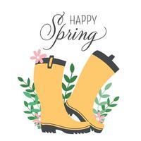 gelukkig de lente. regen laarzen met bloemen en bladeren. bloemen met laarzen spandoek. hand- getrokken voorjaar afdrukken, kaart, poster. voorjaar en Pasen vakantie concept. schattig rubber laarzen geïsoleerd Aan wit. vector
