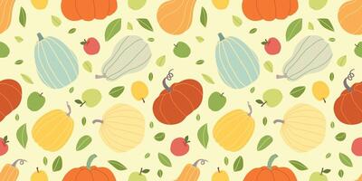 pompoen oogsten naadloos patroon. herfst verschillend pompoenen. kleurrijk oogst pompoenen achtergrond. gebruikt voor papier, omslag, geschenk wrap, kleding stof. vector