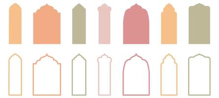 assortiment van islam's traditioneel venster of deur ontwerpen. verzameling van moskee moslim kaders in beide silhouet en schets. vector