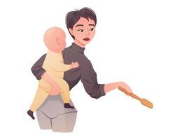 jong moe vrouw moeder Holding baby in haar armen terwijl Koken. moeilijkheden van moederschap, huishouden klusjes, vector geïsoleerd tekenfilm illustratie.