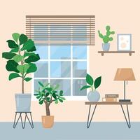 knus huis interieur met groot venster en binnen- planten. modern huis of appartement met thuisplanten en meubilair. vlak of tekenfilm vector illustratie.