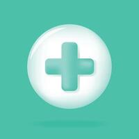 cirkel knop met groen medisch kruis of plus teken. eerste hulp, Gezondheid zorg, noodgeval helpen icoon. 3d realistisch vector illustratie Aan wit achtergrond.
