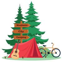 zomer kamp samenstelling, concept of spandoek. camping tent met gitaar, Spar bomen en fiets. sport, avonturen in natuur, recreatie en toerisme vector poster vlak illustratie.