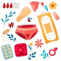 een reeks van slipje, een menstruatie- beker, een tampon, een pakking, pillen met bloemen en takken. de concept van een vrouw regelmatig menstruatie- fiets. menstruatie- periode, premenstrueel syndroom, vector illustratie