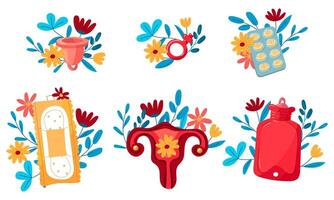 een reeks van baarmoeder, kussentjes, menstruatie- beker, pillen met bloemen. de concept van een vrouw regelmatig menstruatie- fiets. menstruatie- periode, menstruatie, premenstrueel syndroom, vector illustratie van eierstokken