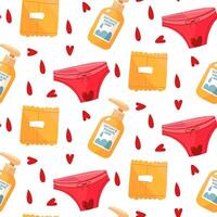 menstruatie patroon vrouwen onderbroek, kussentjes, hygiënisch zeep. de thema van menstruatie, de concept van een vrouw regelmatig menstruatie- fiets. de menstruatie- periode. vrouwen roze ondergoed met harten vector