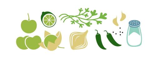 vers rauw ingrediënten voor salsa verde of groen salsa. horizontaal vector illustratie geïsoleerd Aan wit.