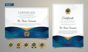 blauw en goud certificaat van prestatie-sjabloon met luxe badges vector