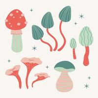 champignons kaart achtergrond hand- getrokken tekenfilm vector illustratie Aan geïsoleerd achtergrond. giftig en eetbaar paddestoel, chanterelle, eekhoorntjesbrood, amanita, Woud wild champignons soorten, sterren, magie symbool