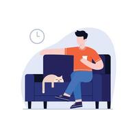 Mens zittend Aan sofa en Holding een kop van thee illustratie concept vector