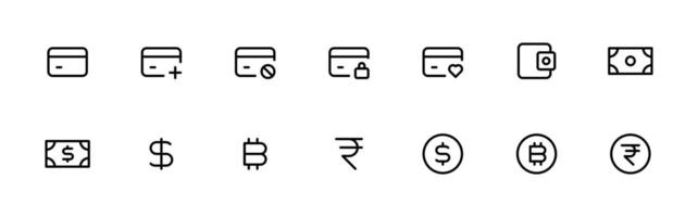 betaling icoon set. reeks van betalen met credit kaart, contant geld. valuta Leuk vinden dollar, roepie, bitcoins. kaart betalen, contant geld en portemonnee betaling. beroerte lineair bewerkbare vector illustratie