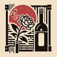 roos en wijn fles logo klassiek elegant met Japan element esthetiek met zacht kleur vector