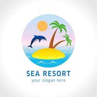 dolfijn jumping bovenstaand golven. zee, zon, toevlucht eiland met palm bomen. reizen logo concept vector