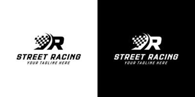 brief r met racing vlag icoon Aan zwart en wit achtergrond, racen, auto, weg logo vector
