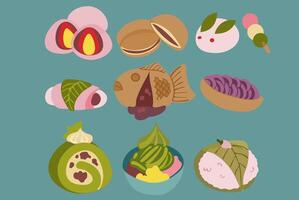 Japans voedsel set. taiyaki, mochi, Yuki usagi, rollen taart, dorayaki en ander. vector