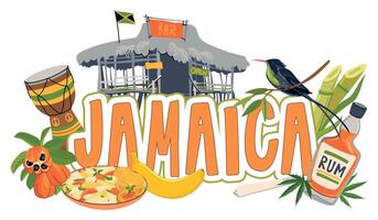 naadloos grens met Jamaica oriëntatiepunten. traditioneel voedsel, kolibrie, strand bar, nationaal fruit ackee, rastafarisme, waterval, rum. vector voor de ontwerp van reizen brochures, toerist kaarten.