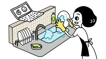 quarantaine werk vanuit huis en afwassen in de keuken met de hand getekende cartoon vector