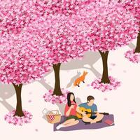 hand- getrokken paar hebben een picknick onder bloeiend roze sakura bomen, Hanami concept, vector isometrische