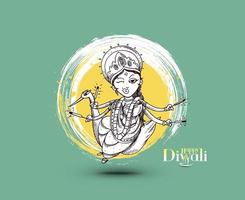 hindoe god laxmi met tekst van happy diwali festival, hand getrokken schets vectorillustratie. vector