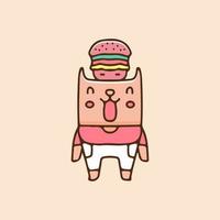 gelukkige kat met hamburger op hoofdillustratie. vectorafbeeldingen voor t-shirtafdrukken en ander gebruik. vector