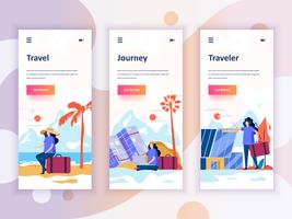 Set van onboarding schermen gebruikersinterfacekit voor Travel, Journey, Traveler, mobiele app sjablonen concept. Modern UX, UI-scherm voor mobiele of responsieve website. Vector illustratie.