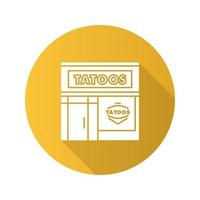 tattoo studio gevel plat ontwerp lange schaduw glyph pictogram. buitenkant van de tattooshop. vector silhouet illustratie