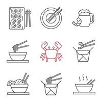Chinees eten lineaire pictogrammen instellen. sushi, noedels, ramen, gebakken rijst met eetstokjes van zeevruchten, bier, krab. dunne lijn contour symbolen. geïsoleerde vectoroverzichtsillustraties vector