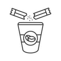 suiker toevoegen aan koffie lineair pictogram. dunne lijn illustratie. wegwerp koffiekopje en suikerzakje. contour symbool. vector geïsoleerde overzichtsillustratie