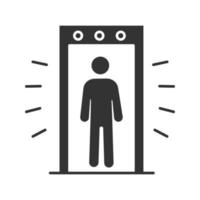 signalering portal metaaldetector glyph pictogram. luchthavenbeveiligingsscanner met persoon erin. silhouet symbool. negatieve ruimte. vector geïsoleerde illustratie