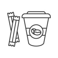 koffie to go met suikerzakjes lineair icoon. dunne lijn illustratie. wegwerp koffiekopje met deksel. contour symbool. vector geïsoleerde overzichtsillustratie