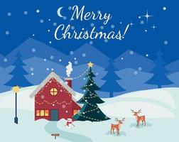 winter kerstmis kerstmis gelukkig nieuwjaar cartoon nacht blauw landschap met sneeuw en dennenbos vector
