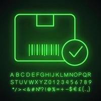 goedgekeurde levering neonlicht icoon. succesvolle pakketontvangst. verificatie pakket barcode. gloeiend bord met alfabet, cijfers en symbolen. bezorgservice van hoge kwaliteit. vector geïsoleerde illustratie