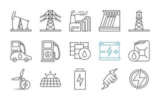 elektrische energie lineaire pictogrammen instellen. elektriciteit. energieopwekking en accumulatie. elektriciteitsindustrie. dunne lijn contour symbolen. geïsoleerde vectoroverzichtsillustraties. bewerkbare streek vector